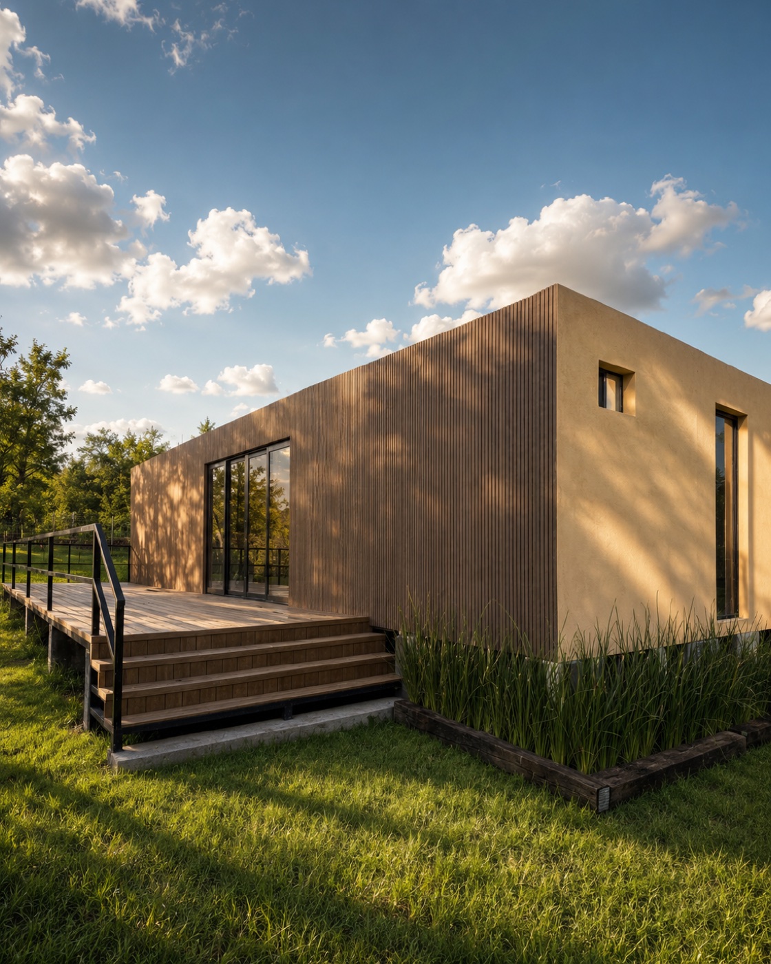 Casa modelo de madera entre jardines